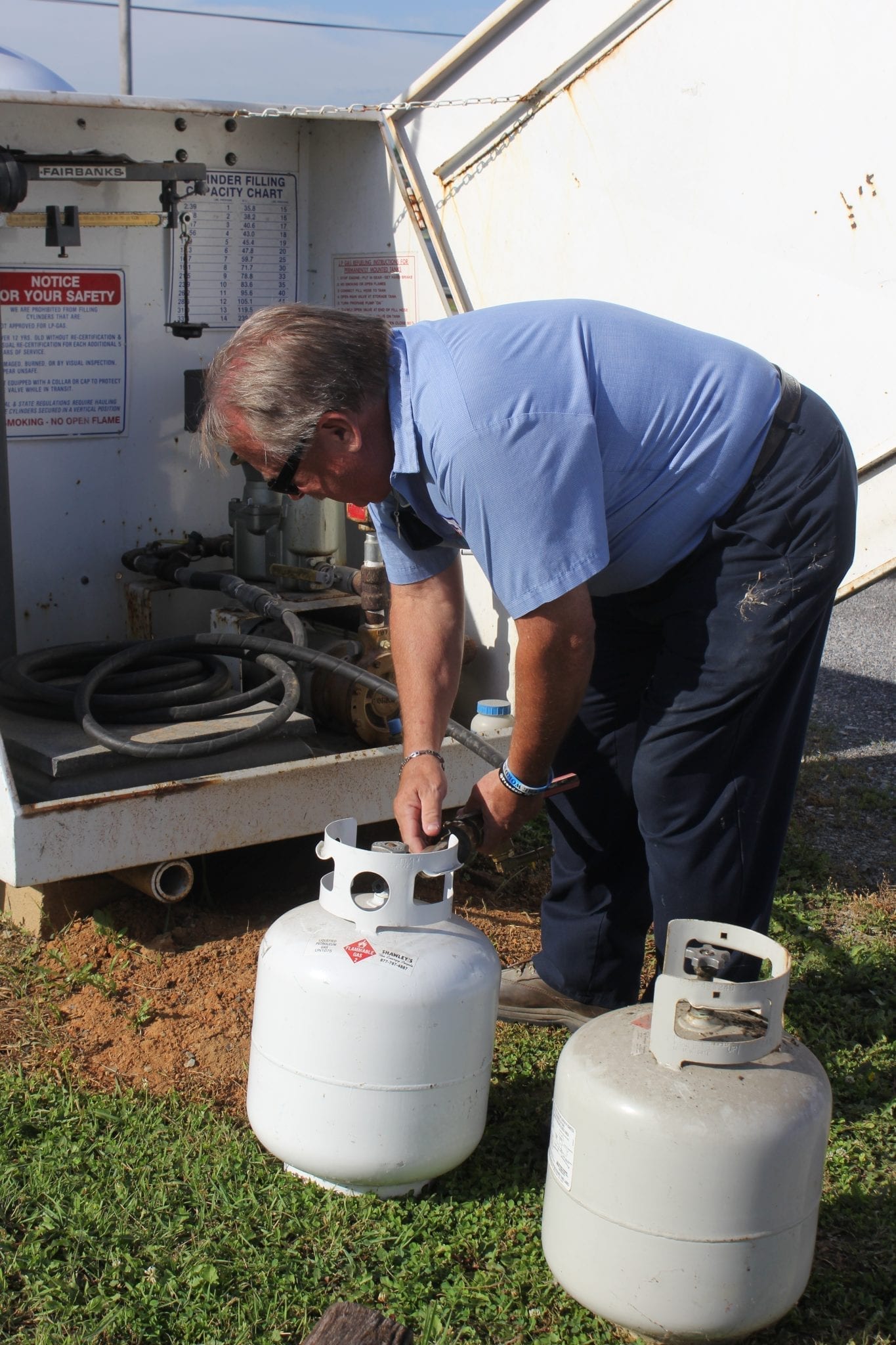 man in work uniform filling small propane tanks